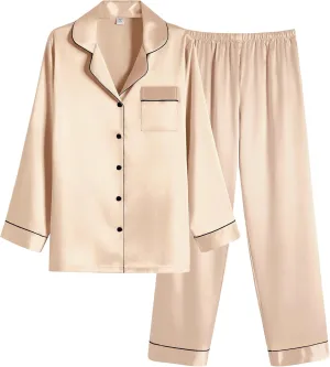 Ekouaer Women Satin Pajamas Set Classic Button Down Long Pjs Set