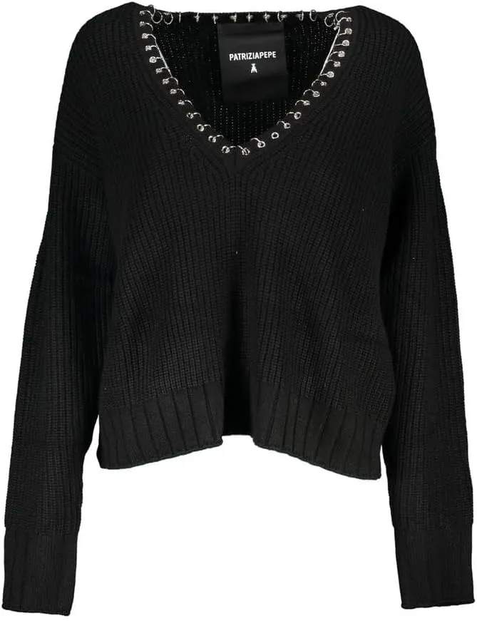 Elegant Long Sleeved V-Neck Sweater with Chic Women's Details Black