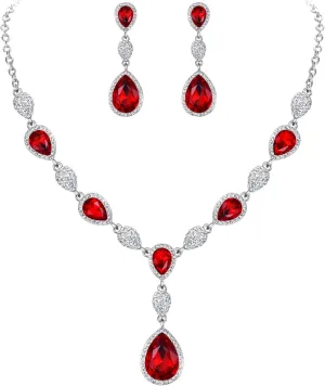 EleQueen Women's Cubic Zirconia Teardrop Y-Necklaces Dangle Earrings Jewelry Sets for Brides Bridesmaids