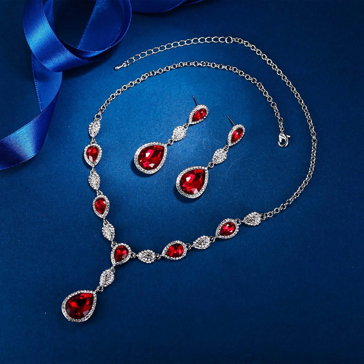 EleQueen Women's Cubic Zirconia Teardrop Y-Necklaces Dangle Earrings Jewelry Sets for Brides Bridesmaids