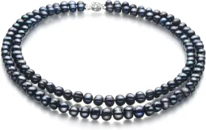 Eliana Black 6-7mm Double Strand A Quality Freshwater 925 Sterling Silver Cultured Pearl Necklace