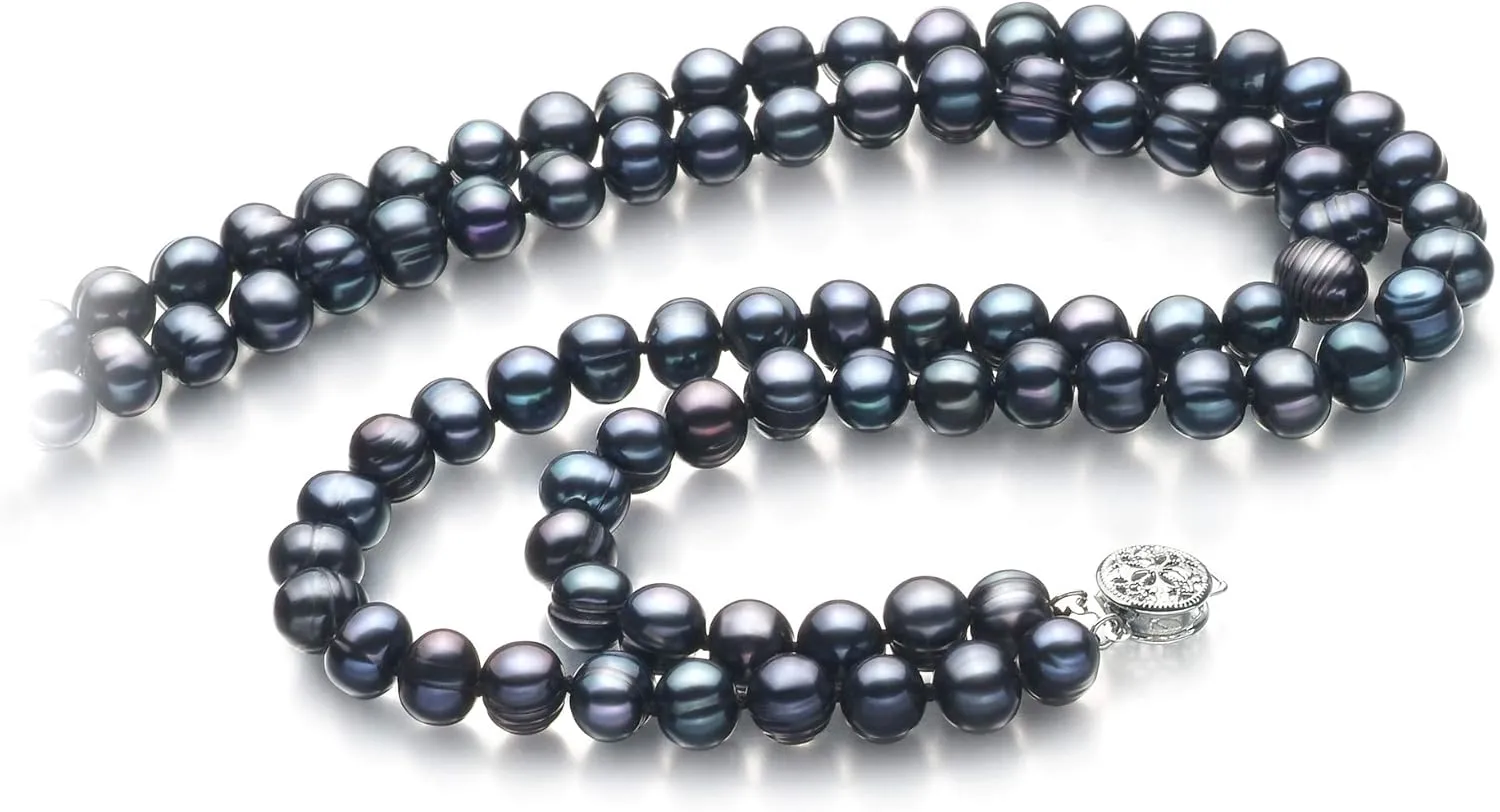 Eliana Black 6-7mm Double Strand A Quality Freshwater 925 Sterling Silver Cultured Pearl Necklace