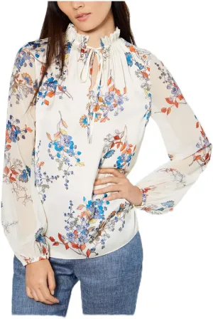 Elie Tahari Teagan Floral Print High Neck Top Pearl Multi L