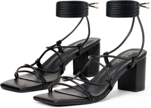 Elisabet Tang Women's High Heeled Sandals 2.4 Inches Chunky Strappy Lace Up Block Heels Square Open Toe at Wedding Party Prom Work Dating