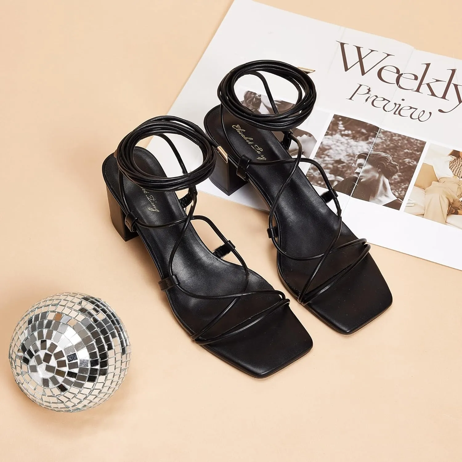 Elisabet Tang Women's High Heeled Sandals 2.4 Inches Chunky Strappy Lace Up Block Heels Square Open Toe at Wedding Party Prom Work Dating