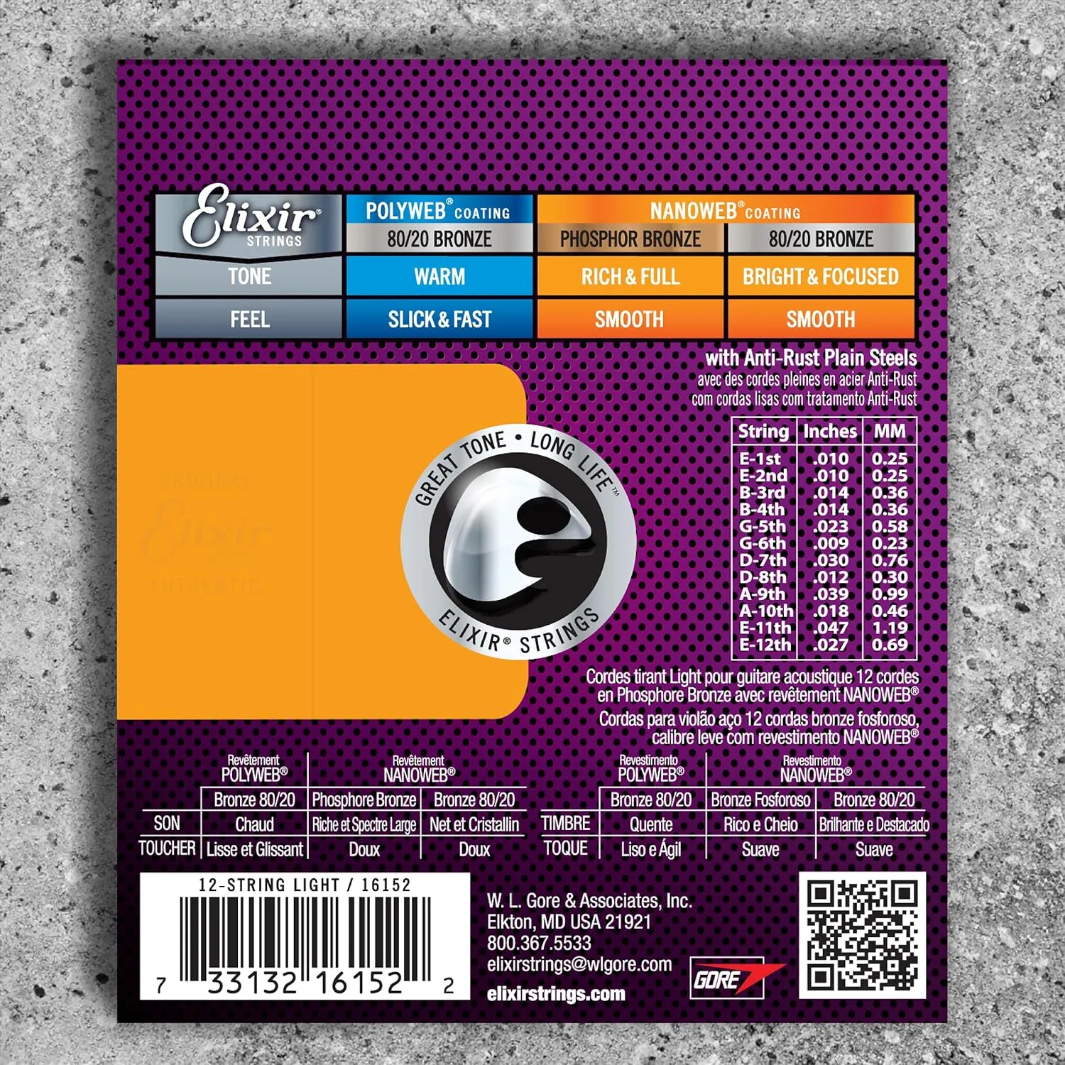 Elixir Strings Phosphor Bronze 12-String Acoustic Guitar Strings w NANOWEB Coating, Light (.010-.047)