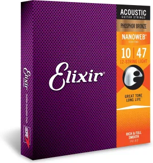 Elixir Strings Phosphor Bronze 12-String Acoustic Guitar Strings w NANOWEB Coating, Light (.010-.047)