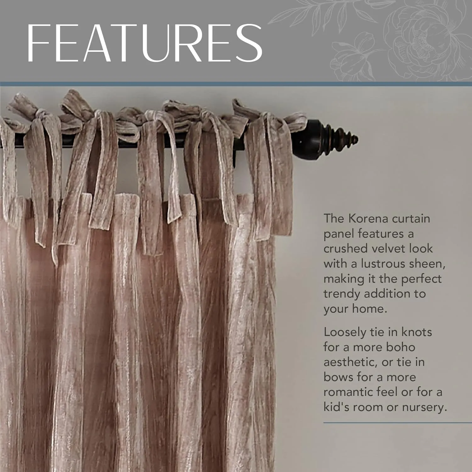 Elrene Home Fashions Korena Tie-Top Crushed Velvet Window Curtain Panel, Rustic-Chic Curtain Panel for Living Room or Bedroom, 52 Inches by 95 Inches, Taupe, 1 Panel