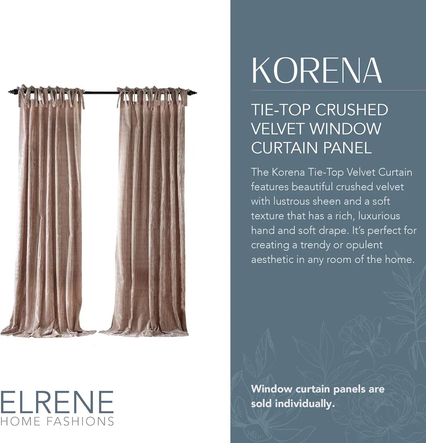 Elrene Home Fashions Korena Tie-Top Crushed Velvet Window Curtain Panel, Rustic-Chic Curtain Panel for Living Room or Bedroom, 52 Inches by 95 Inches, Taupe, 1 Panel