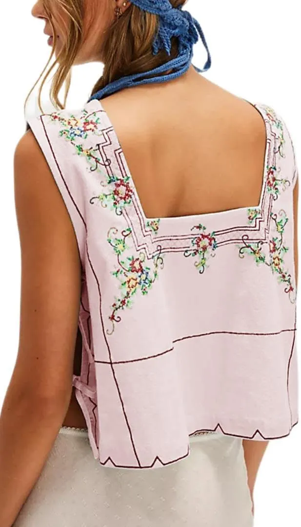 Embroidery Flower Tank Tops for Women Y2K Sleeveless Square Neck Tie Up Cropped Vest Summer Chic Going Out Blouse