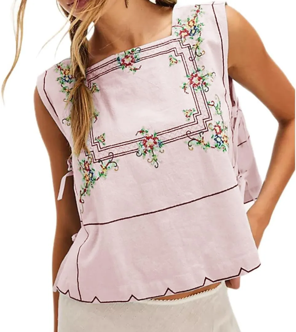 Embroidery Flower Tank Tops for Women Y2K Sleeveless Square Neck Tie Up Cropped Vest Summer Chic Going Out Blouse