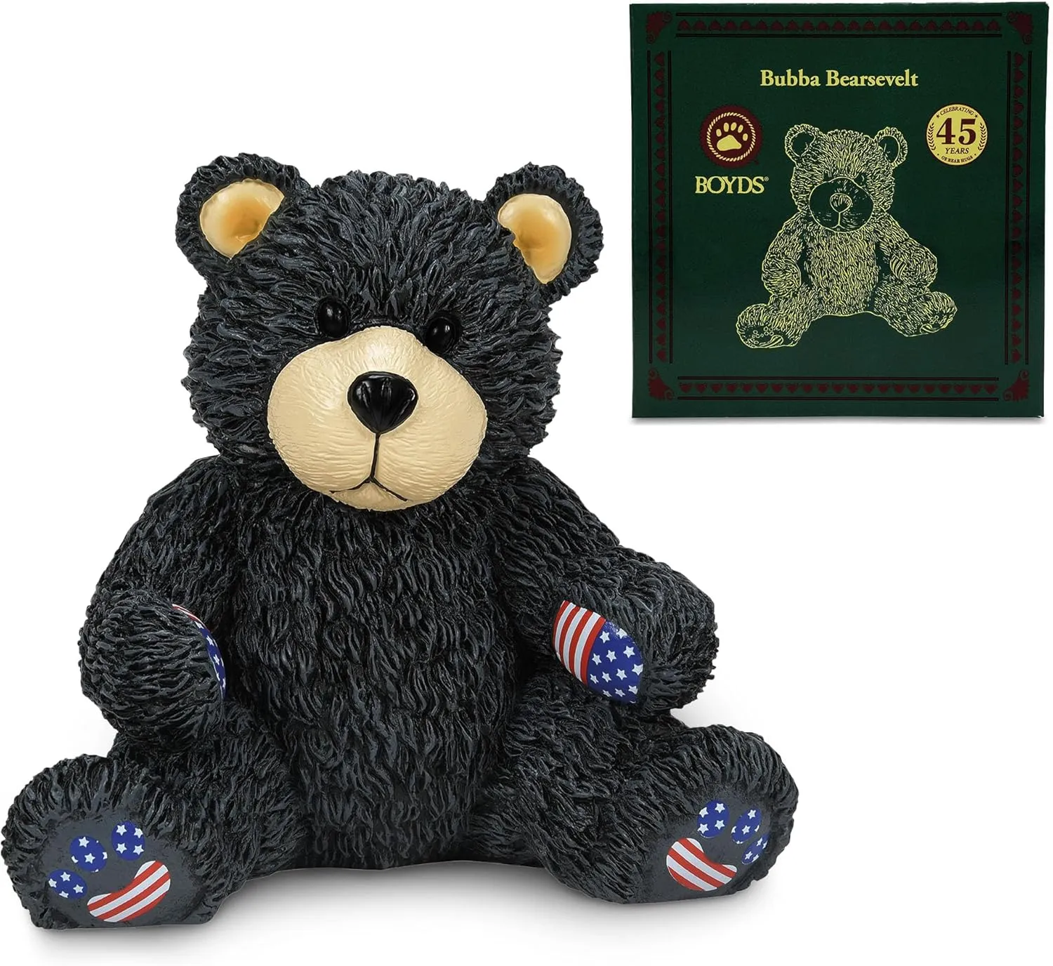 Enesco Boyds Bears 45th Anniversary Bubba Bearsevelt Figurine, Collectible Premium Hand Crafted Hand Painted Stone Resin Teddy Bear Home Decor Statue, Patriotic Black Bear with USA Flag, 4.25 Inch
