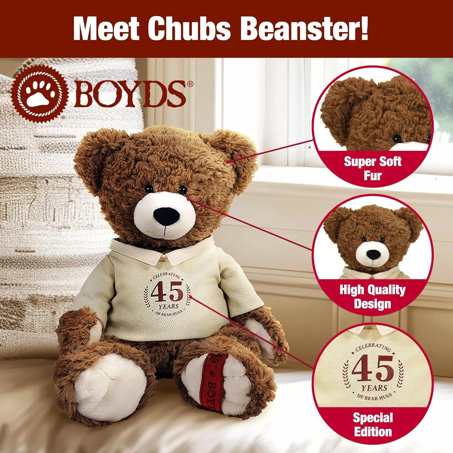 Enesco Boyds Bears 45th Anniversary Chubs Beanster Plush Teddy Bear Stuffed Animals, Collectible Premium Soft Teddy Bear Plushies for Ages 1  and Up, Brown Bear, 12 Inch
