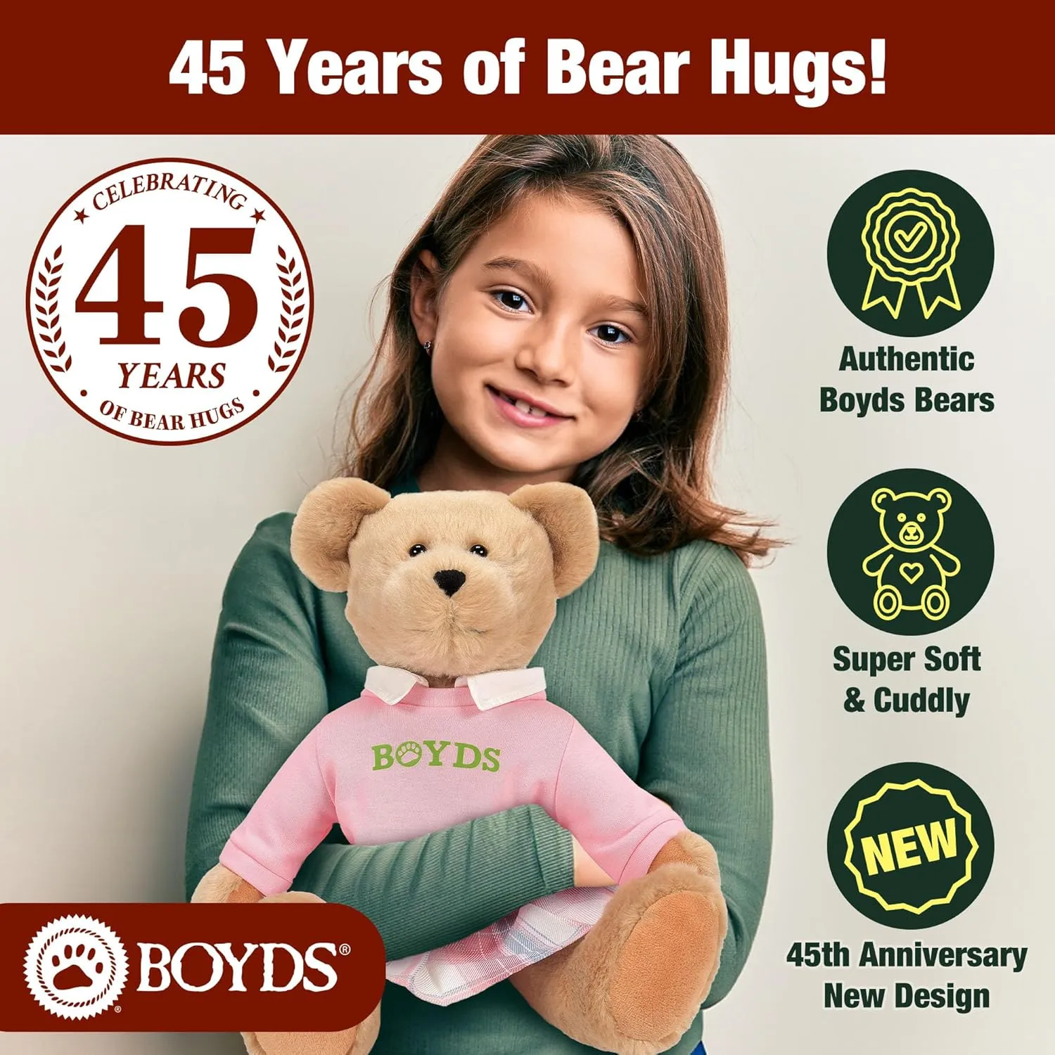 Enesco Boyds Bears 45th Anniversary Emma Boydsley Plush Teddy Bear Stuffed Animals, Collectible Premium Soft Teddy Bear Plushies for Ages 1  and Up, Tan, 13 Inch