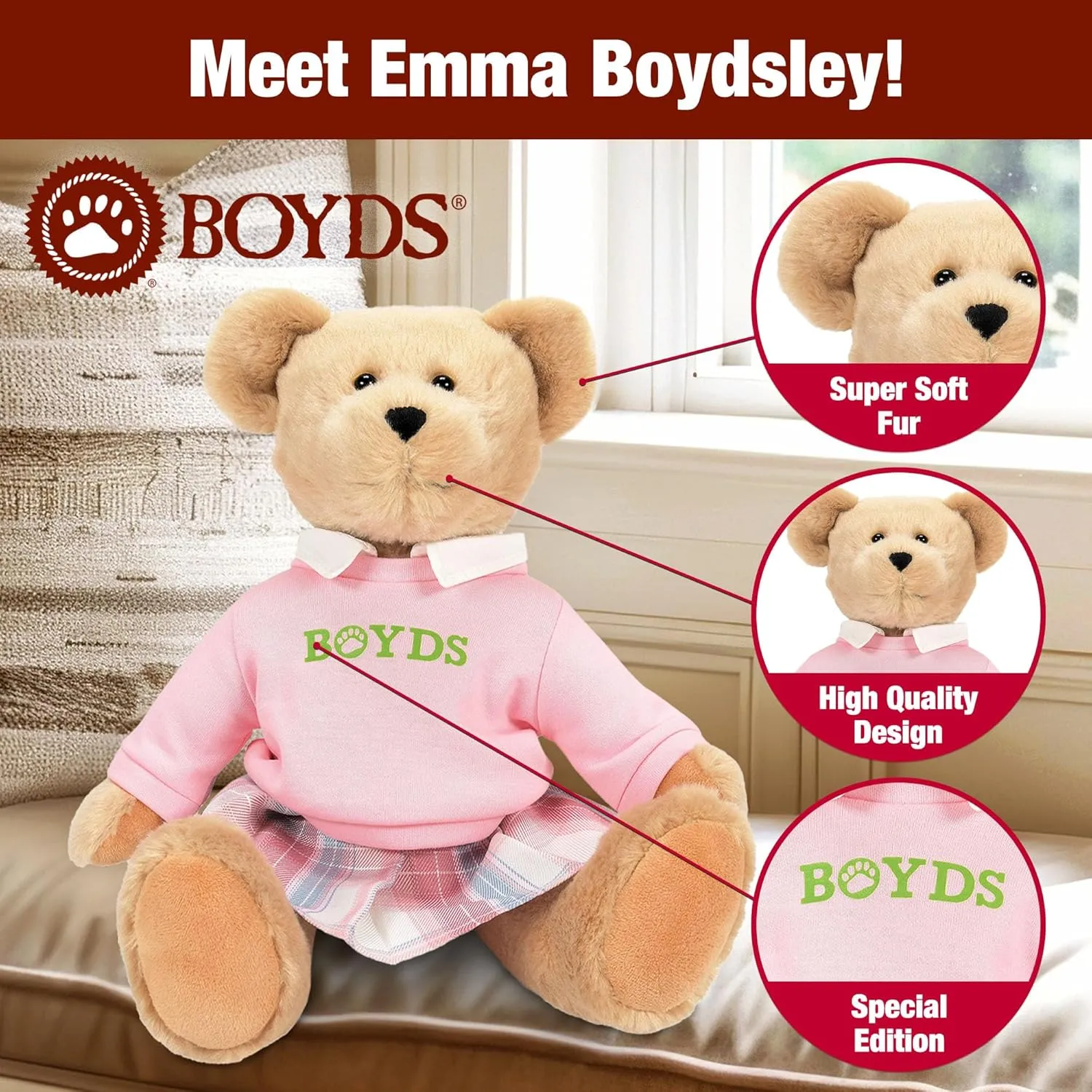 Enesco Boyds Bears 45th Anniversary Emma Boydsley Plush Teddy Bear Stuffed Animals, Collectible Premium Soft Teddy Bear Plushies for Ages 1  and Up, Tan, 13 Inch