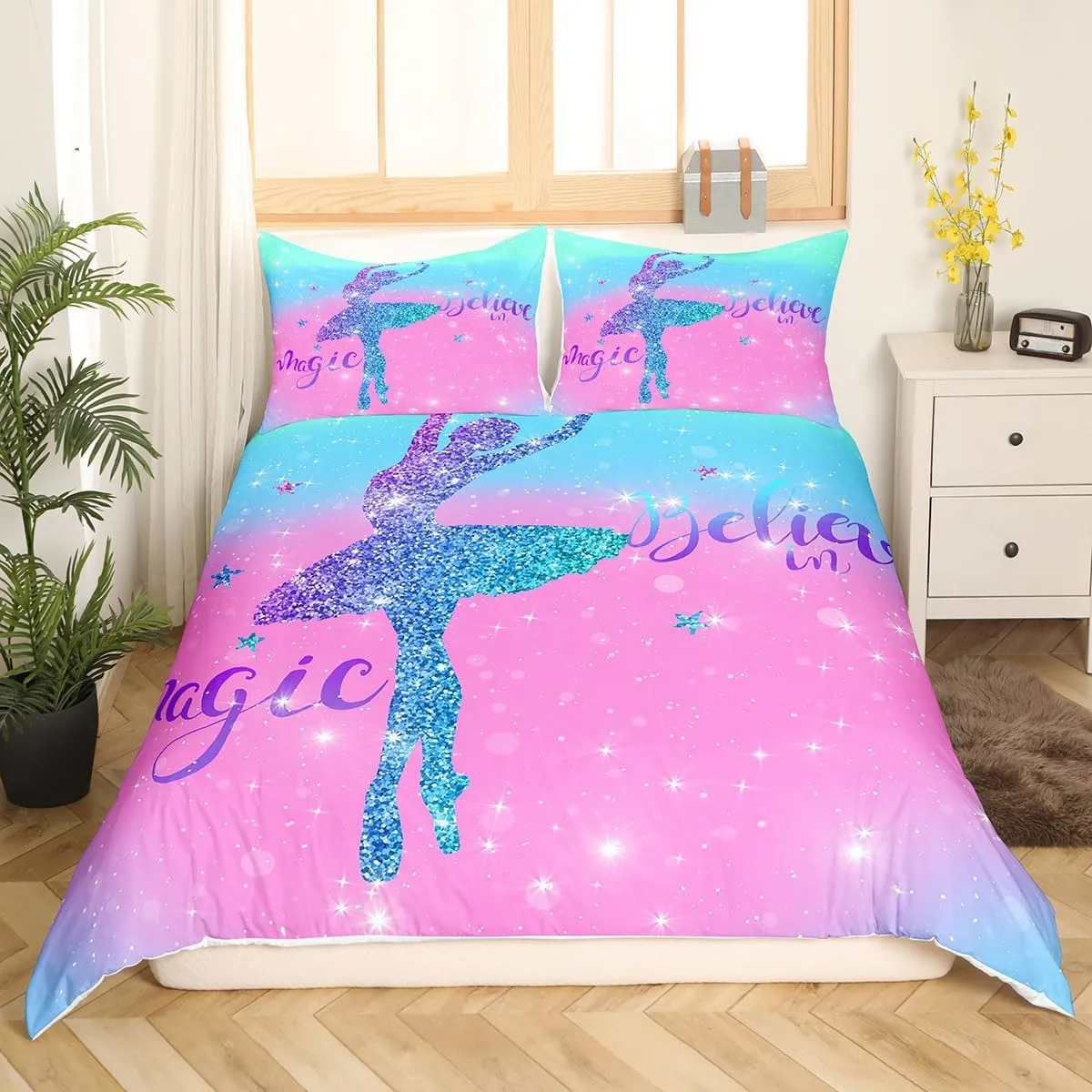 Erosebridal Chic Ballet Girl Bedding Sets King Teal Blue Pink Comforter Cover, Purple Glitters Bed Set Trippy Galaxy Duvet Cover, Sparkling Stars Quilt Cover Cute Room Decor for Girls 3-Piece