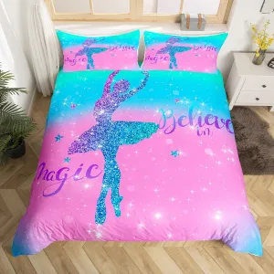 Erosebridal Chic Ballet Girl Bedding Sets King Teal Blue Pink Comforter Cover, Purple Glitters Bed Set Trippy Galaxy Duvet Cover, Sparkling Stars Quilt Cover Cute Room Decor for Girls 3-Piece