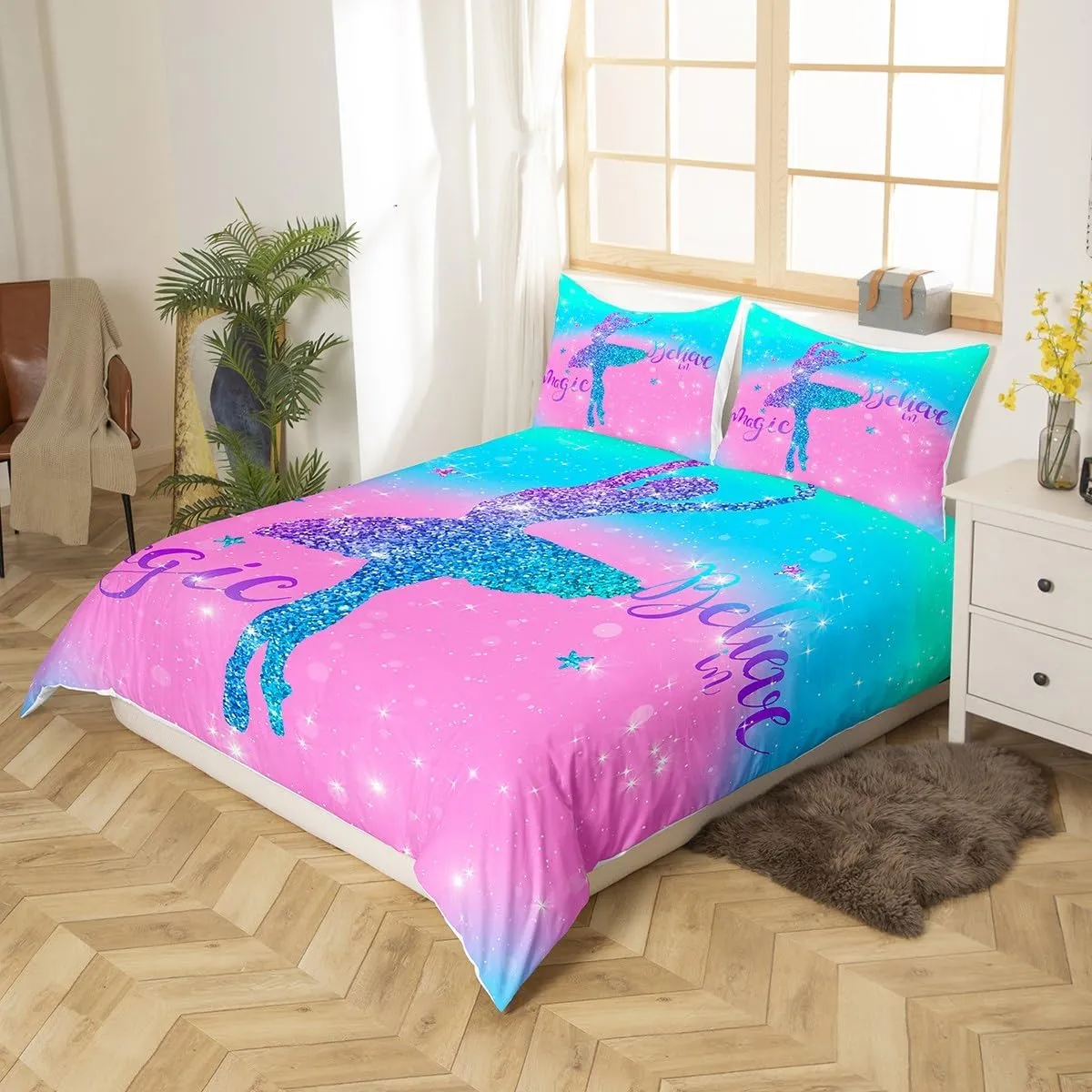 Erosebridal Chic Ballet Girl Bedding Sets King Teal Blue Pink Comforter Cover, Purple Glitters Bed Set Trippy Galaxy Duvet Cover, Sparkling Stars Quilt Cover Cute Room Decor for Girls 3-Piece
