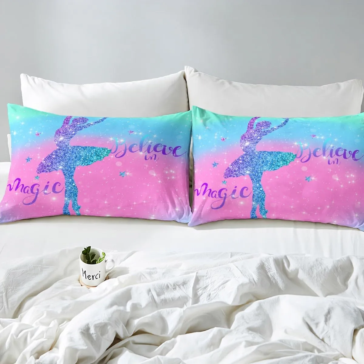 Erosebridal Chic Ballet Girl King Sheet Set Teal Blue Pink Sheets, Purple Glitters Bed Set Trippy Galaxy Bed Sheets Set, Sparkling Stars Fitted Sheet Cute Room Decor for Girls 4-Piece