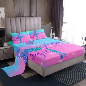 Erosebridal Chic Ballet Girl King Sheet Set Teal Blue Pink Sheets, Purple Glitters Bed Set Trippy Galaxy Bed Sheets Set, Sparkling Stars Fitted Sheet Cute Room Decor for Girls 4-Piece