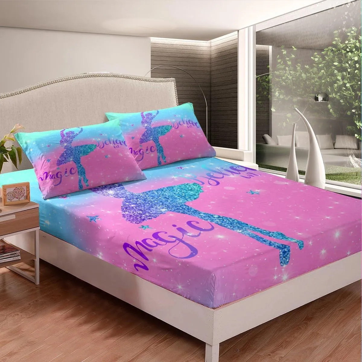 Erosebridal Chic Ballet Girl King Sheet Set Teal Blue Pink Sheets, Purple Glitters Bed Set Trippy Galaxy Bed Sheets Set, Sparkling Stars Fitted Sheet Cute Room Decor for Girls 4-Piece