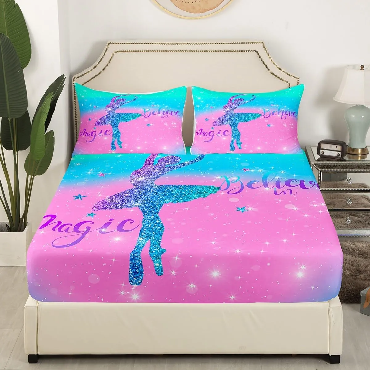 Erosebridal Chic Ballet Girl King Sheet Set Teal Blue Pink Sheets, Purple Glitters Bed Set Trippy Galaxy Bed Sheets Set, Sparkling Stars Fitted Sheet Cute Room Decor for Girls 4-Piece