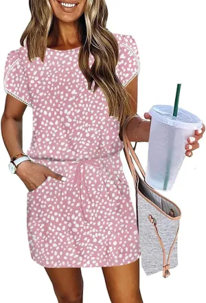 ETCYY NEW Womens Summer Dresses Tie Front Chic Mini Dress Petal Short Sleeve with Pockets