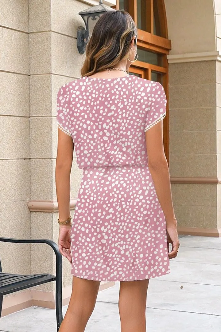 ETCYY NEW Womens Summer Dresses Tie Front Chic Mini Dress Petal Short Sleeve with Pockets