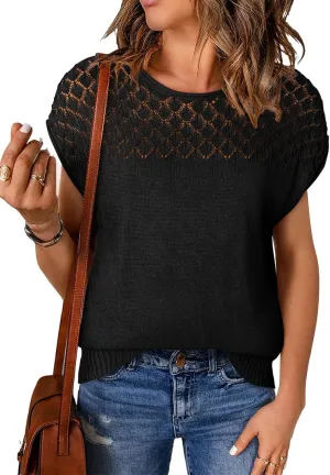 EVALESS Womens Fashion Short Sleeve Sweaters Crewneck Crochet Tops Summer Tie Back Shirts Knit T Shirts Sweater Tops