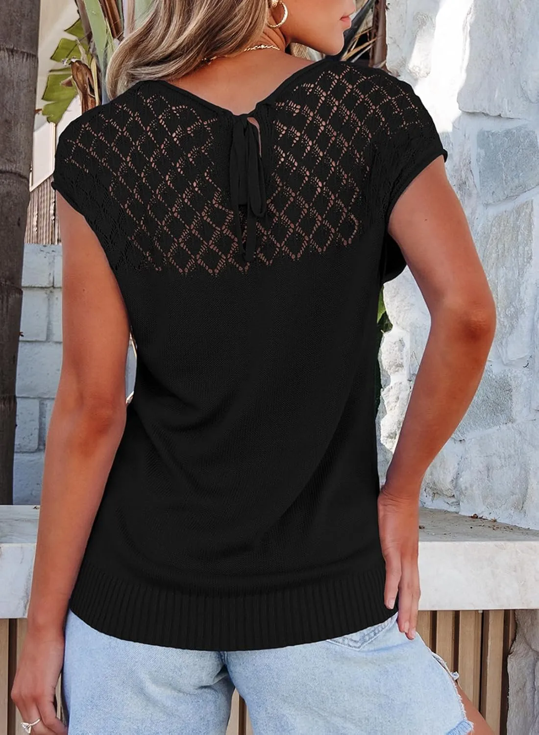 EVALESS Womens Fashion Short Sleeve Sweaters Crewneck Crochet Tops Summer Tie Back Shirts Knit T Shirts Sweater Tops