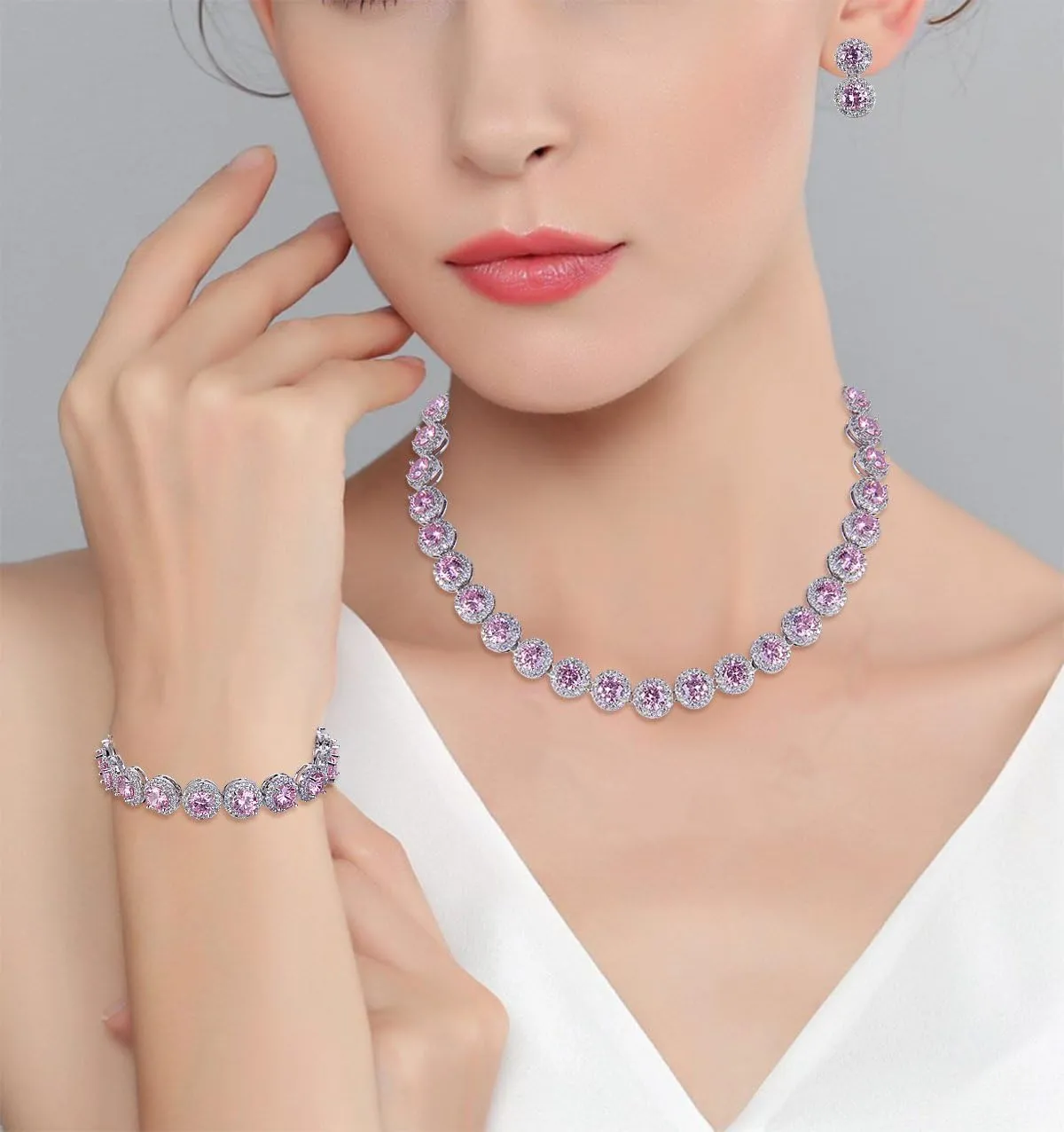 EVER FAITH Round Cut Cubic Zirconia Tennis Luxury Necklace Bracelet Earrings Set for Women