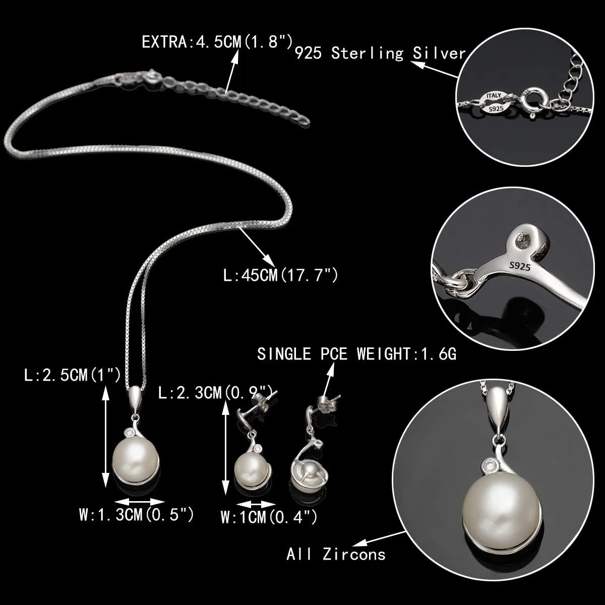 EVER FAITH Woman's 925 Sterling Silver Cubic Zirconia AAA Freshwater Cultured Pearl Necklace Earrings Set Birthday Mother's Day Jewlery Gift for Wife, Mom