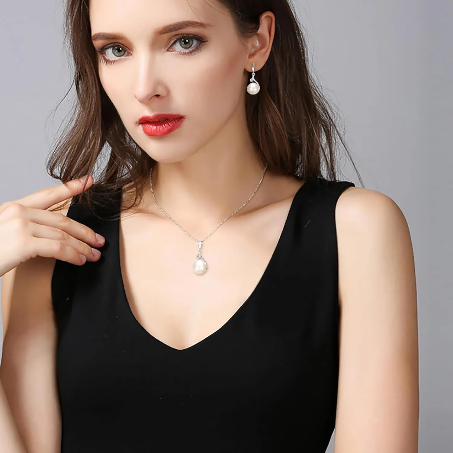 EVER FAITH Woman's 925 Sterling Silver Cubic Zirconia AAA Freshwater Cultured Pearl Necklace Earrings Set Birthday Mother's Day Jewlery Gift for Wife, Mom