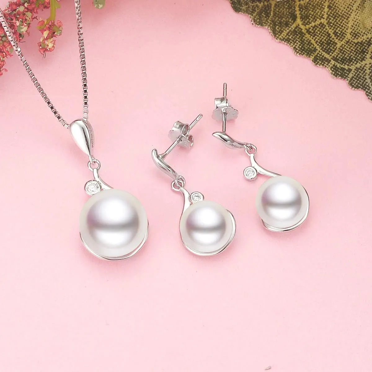 EVER FAITH Woman's 925 Sterling Silver Cubic Zirconia AAA Freshwater Cultured Pearl Necklace Earrings Set Birthday Mother's Day Jewlery Gift for Wife, Mom