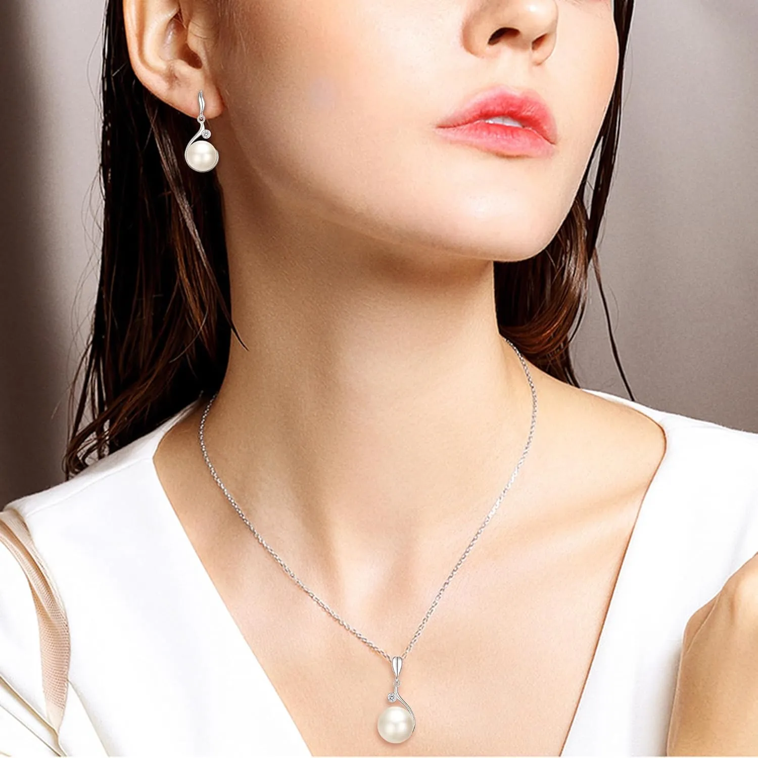 EVER FAITH Woman's 925 Sterling Silver Cubic Zirconia AAA Freshwater Cultured Pearl Necklace Earrings Set Birthday Mother's Day Jewlery Gift for Wife, Mom