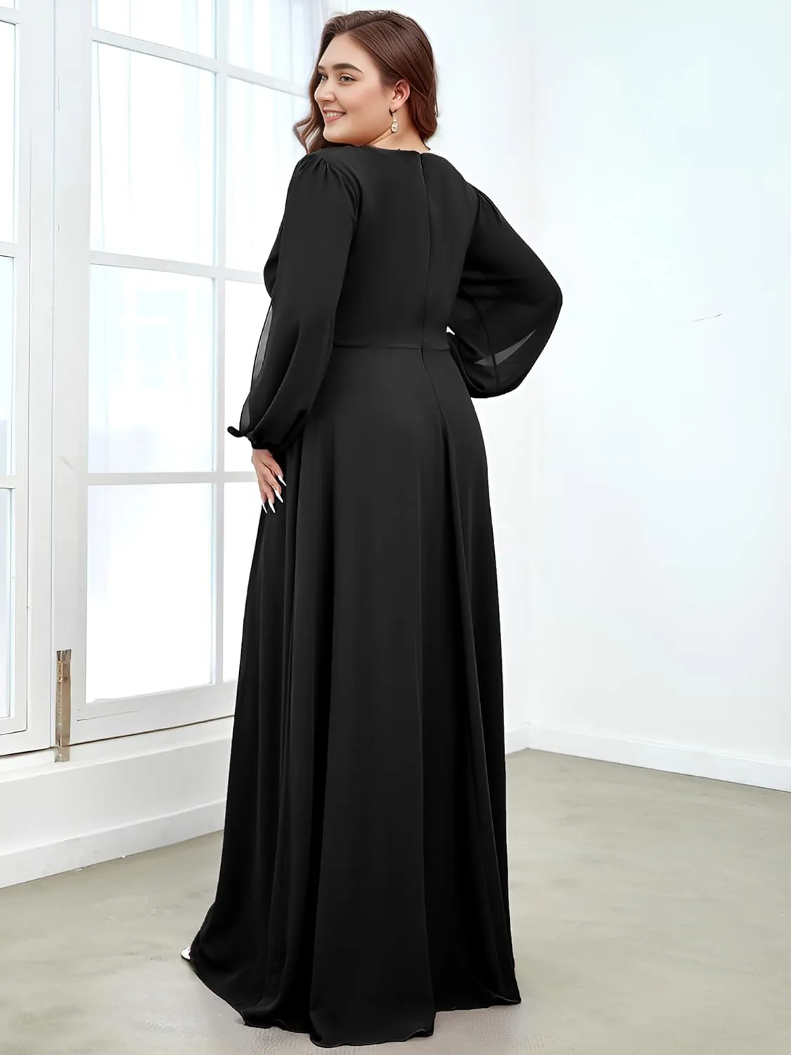 Ever-Pretty Plus Women's Floor Length V Neck Lantern Sleeves Floral Applique Plus Size Formal Dresses for Curvy Women