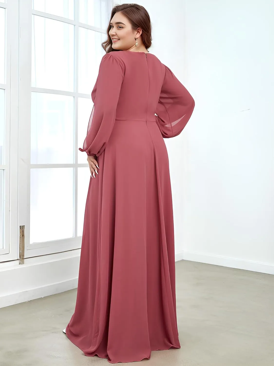 Ever-Pretty Plus Women's Floor Length V Neck Lantern Sleeves Floral Applique Plus Size Formal Dresses for Curvy Women