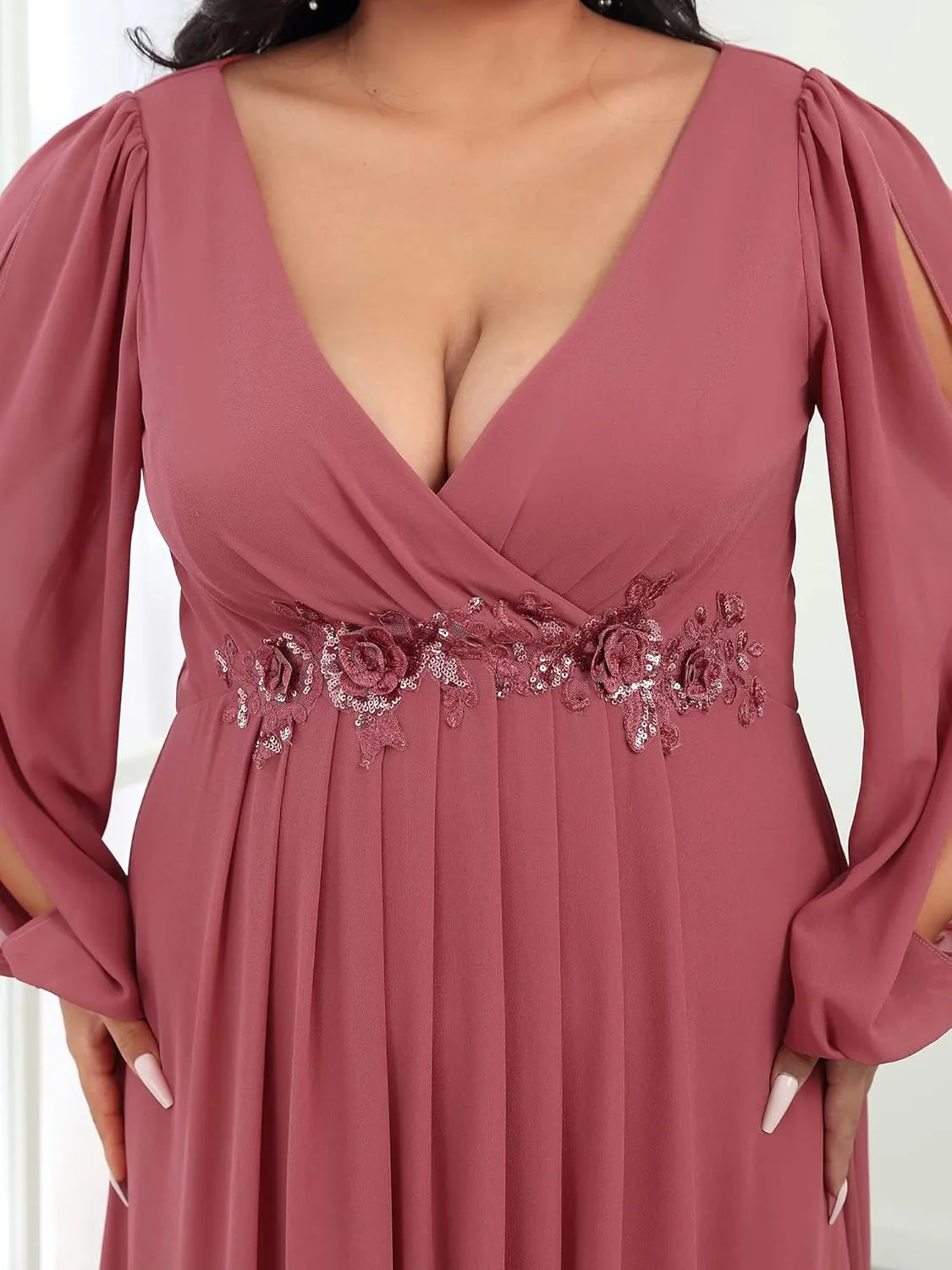 Ever-Pretty Plus Women's Floor Length V Neck Lantern Sleeves Floral Applique Plus Size Formal Dresses for Curvy Women