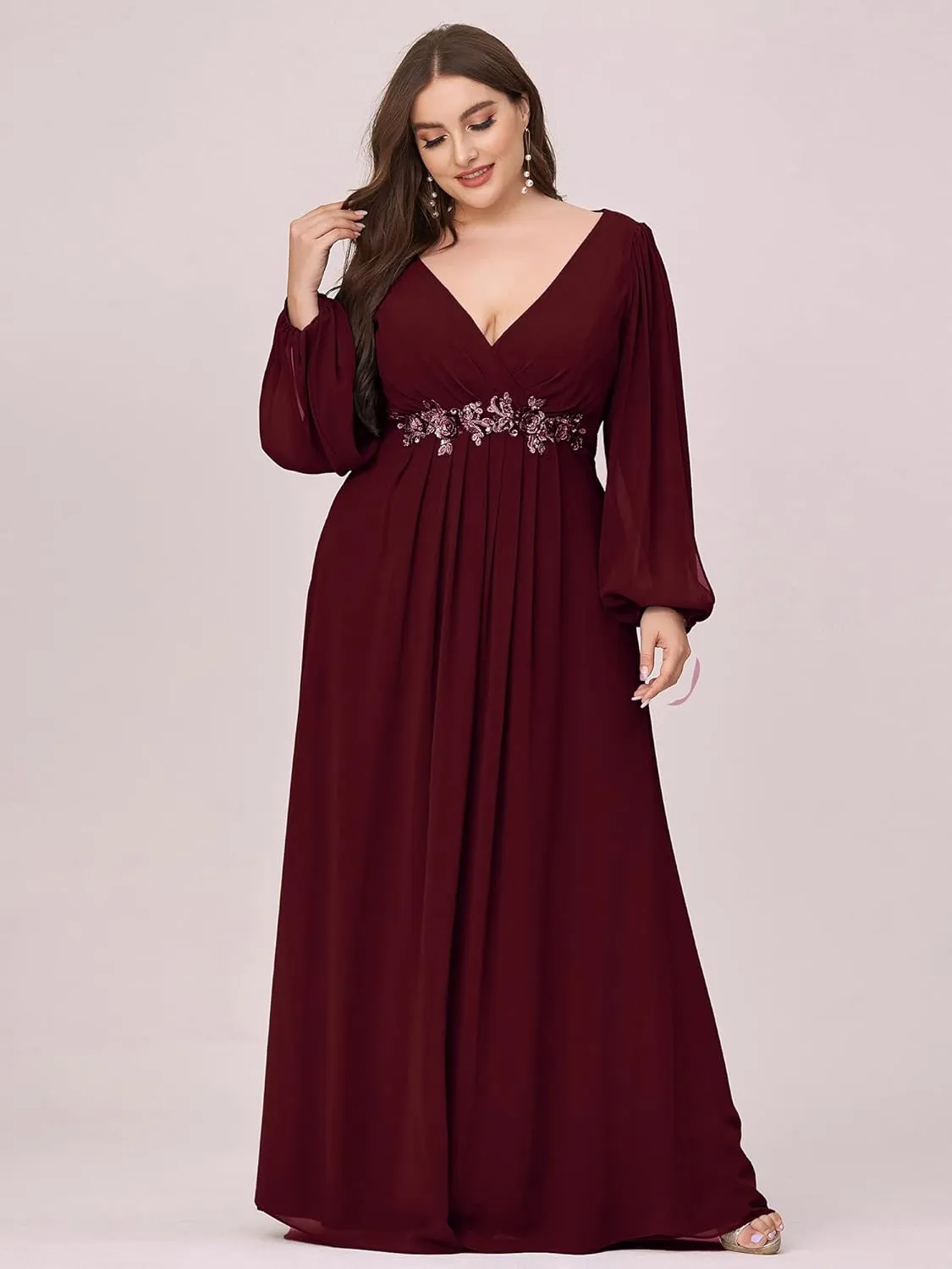 Ever-Pretty Plus Women's Floor Length V Neck Lantern Sleeves Floral Applique Plus Size Formal Dresses for Curvy Women