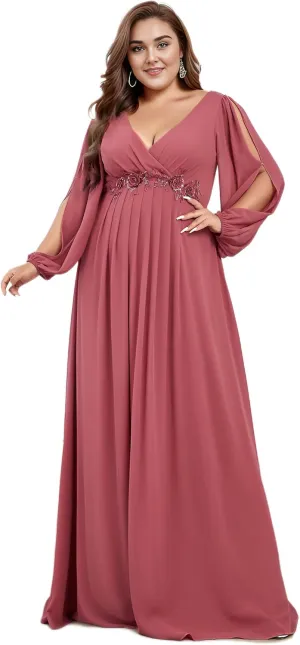 Ever-Pretty Plus Women's Floor Length V Neck Lantern Sleeves Floral Applique Plus Size Formal Dresses for Curvy Women