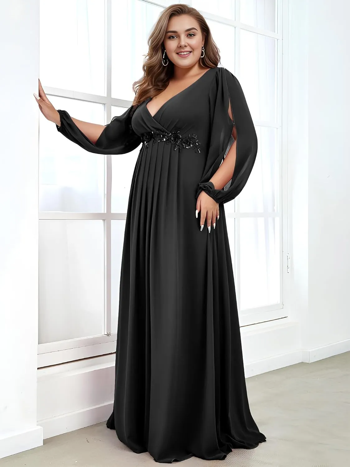 Ever-Pretty Plus Women's Floor Length V Neck Lantern Sleeves Floral Applique Plus Size Formal Dresses for Curvy Women