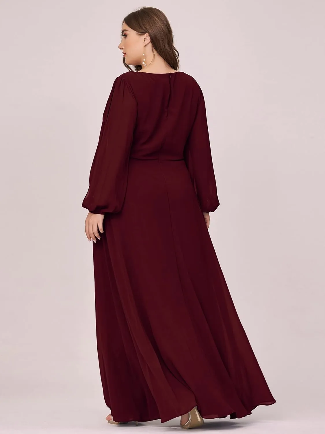 Ever-Pretty Plus Women's Floor Length V Neck Lantern Sleeves Floral Applique Plus Size Formal Dresses for Curvy Women
