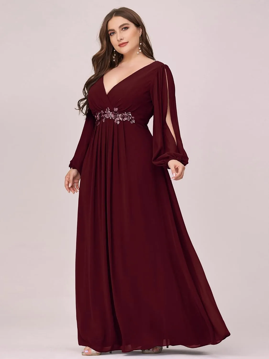 Ever-Pretty Plus Women's Floor Length V Neck Lantern Sleeves Floral Applique Plus Size Formal Dresses for Curvy Women