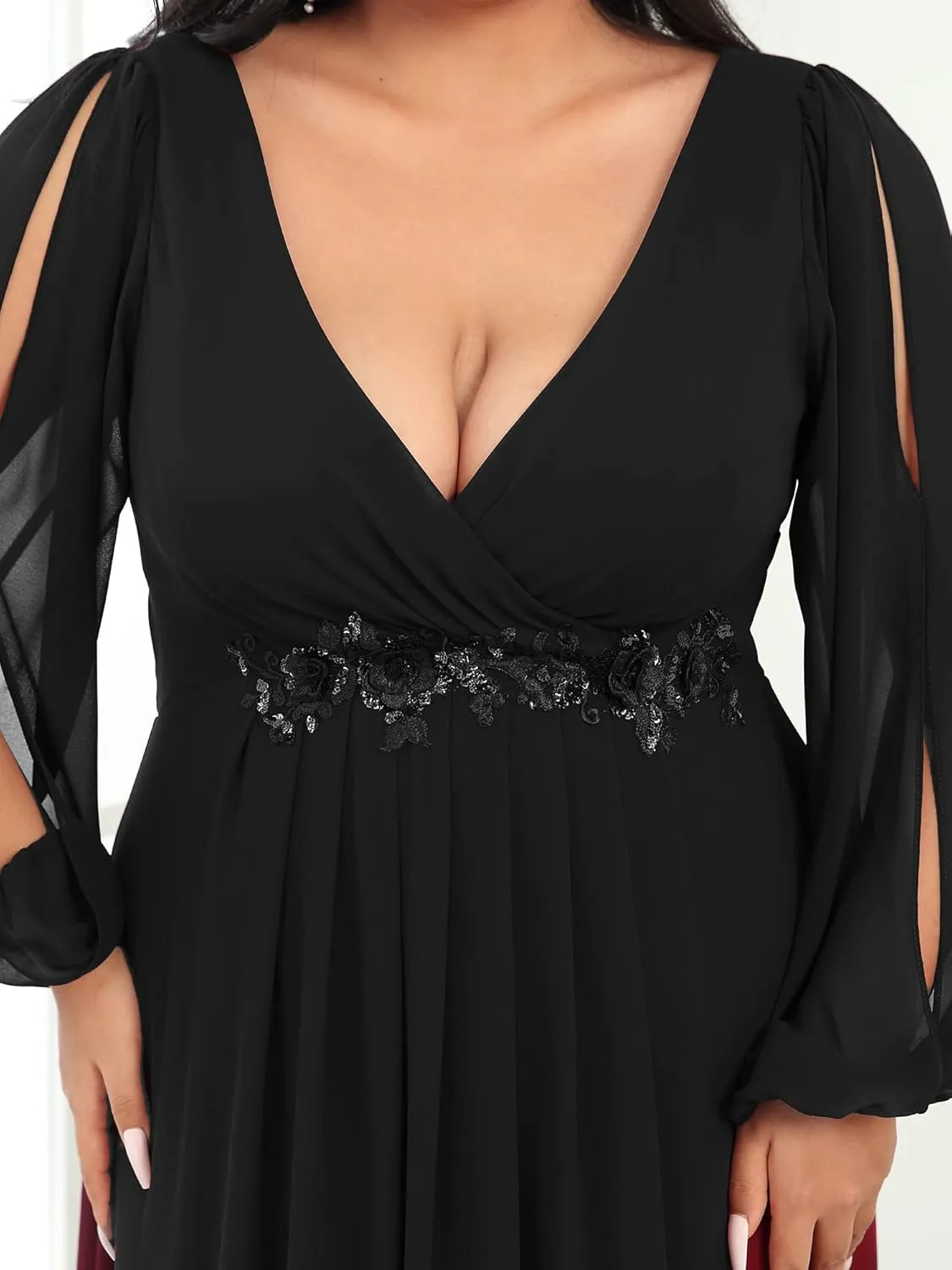 Ever-Pretty Plus Women's Floor Length V Neck Lantern Sleeves Floral Applique Plus Size Formal Dresses for Curvy Women