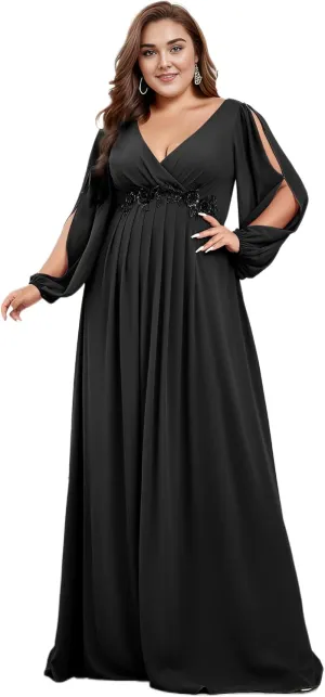 Ever-Pretty Plus Women's Floor Length V Neck Lantern Sleeves Floral Applique Plus Size Formal Dresses for Curvy Women