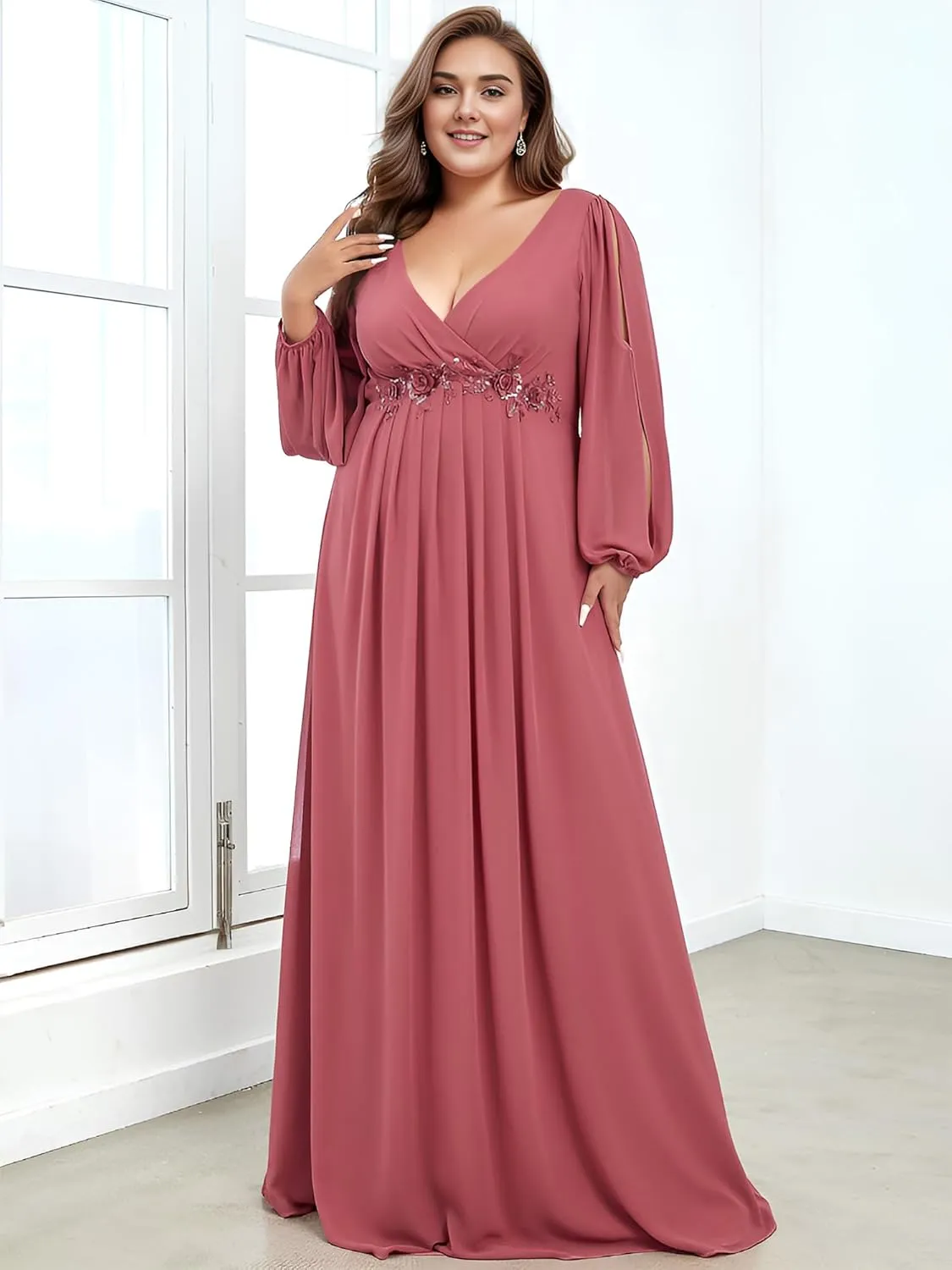 Ever-Pretty Plus Women's Floor Length V Neck Lantern Sleeves Floral Applique Plus Size Formal Dresses for Curvy Women
