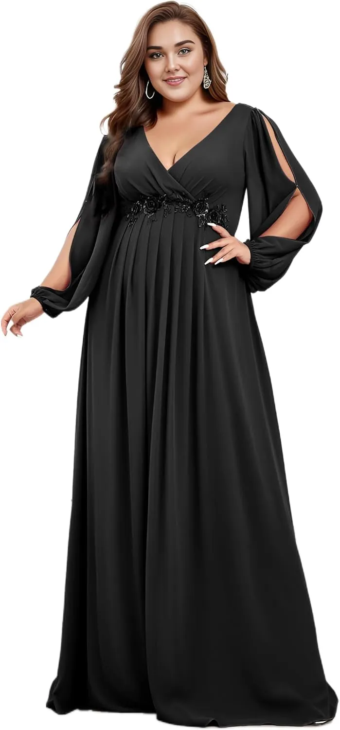 Ever-Pretty Plus Women's Floor Length V Neck Lantern Sleeves Floral Applique Plus Size Formal Dresses for Curvy Women
