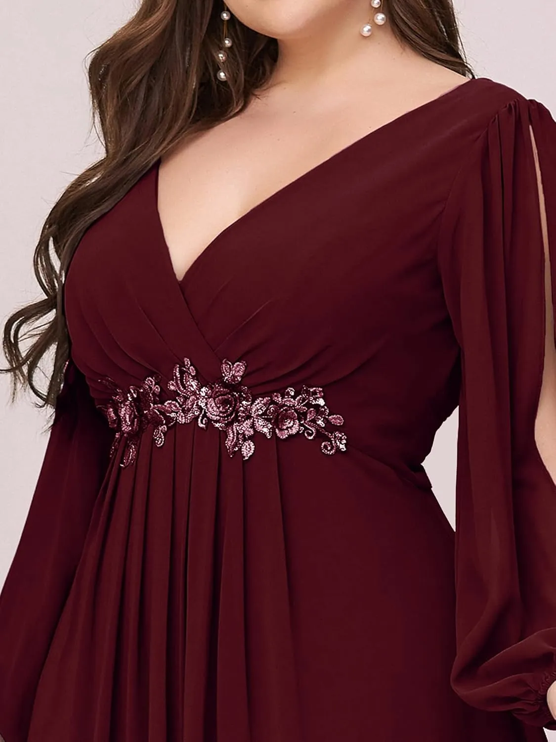 Ever-Pretty Plus Women's Floor Length V Neck Lantern Sleeves Floral Applique Plus Size Formal Dresses for Curvy Women