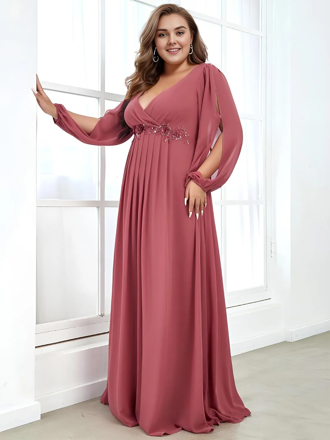 Ever-Pretty Plus Women's Floor Length V Neck Lantern Sleeves Floral Applique Plus Size Formal Dresses for Curvy Women