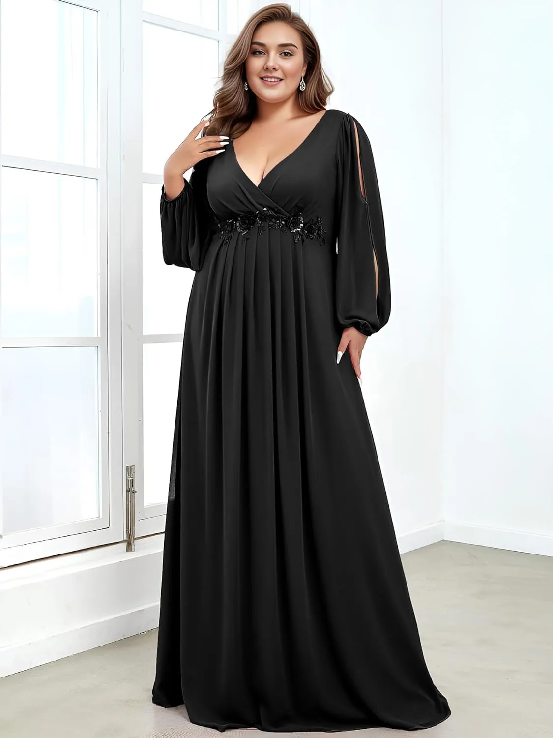 Ever-Pretty Plus Women's Floor Length V Neck Lantern Sleeves Floral Applique Plus Size Formal Dresses for Curvy Women